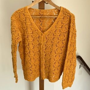 Open-Knit V-Neck Cardigan Sweater in Mustard